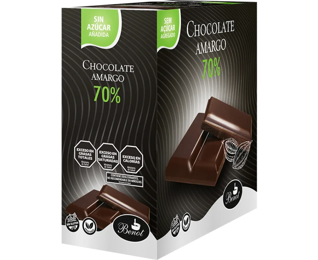 Caja de 10 unidades de barras Benot de chocolate amargo 70% de 100 g, sin azúcar añadida, sin gluten y de bajo índice glucémico.
