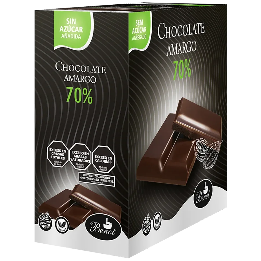 Caja de 10 unidades de barras Benot de chocolate amargo 70% de 100 g, sin azúcar añadida, sin gluten y de bajo índice glucémico.