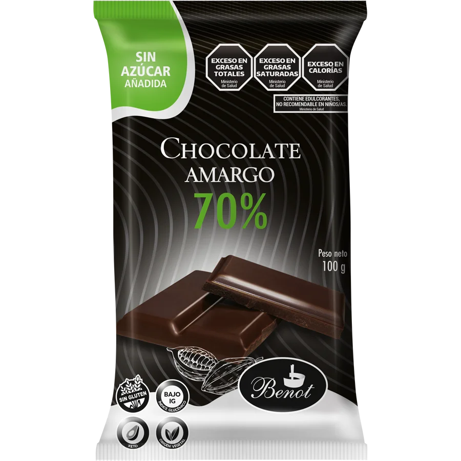Barra Benot de chocolate amargo 70% de 100 g, sin azúcar añadida, sin gluten y de bajo índice glucémico.