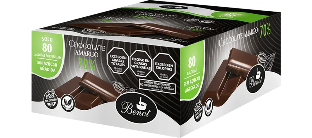 Caja de 24 unidades de barras Benot de chocolate amargo 70% de 17 g, sin azúcar añadida, sin gluten y de bajo índice glucémico.