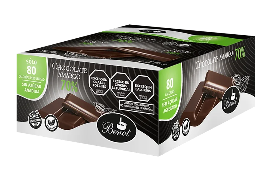 Caja de 24 unidades de barras Benot de chocolate amargo 70% de 17 g, sin azúcar añadida, sin gluten y de bajo índice glucémico.