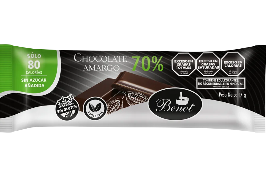 Barra Benot de chocolate amargo 70% de 17 g, sin azúcar añadida, sin gluten y de bajo índice glucémico.