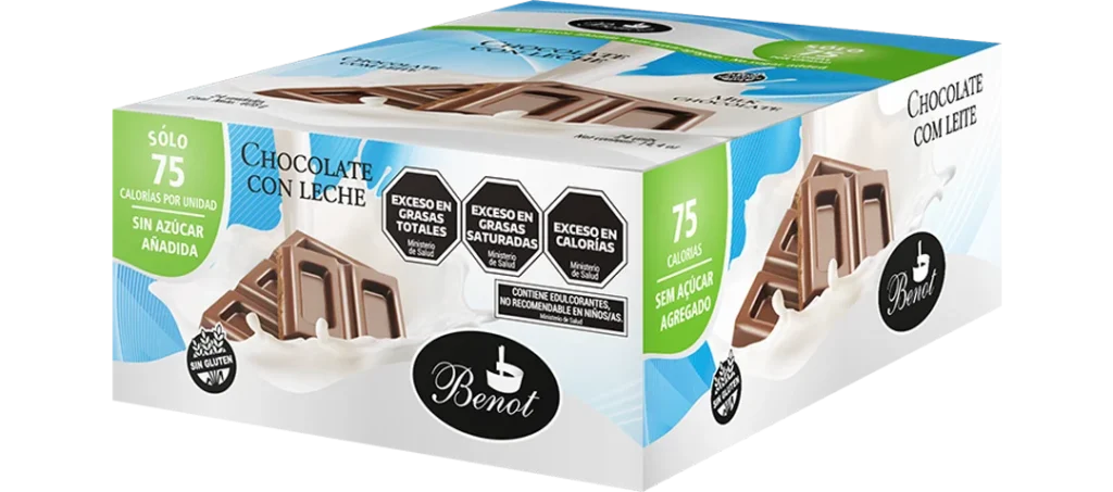Caja de 24 unidades de barras Benot de chocolate con leche de 17 g, sin azúcar añadida, sin gluten y de bajo índice glucémico.