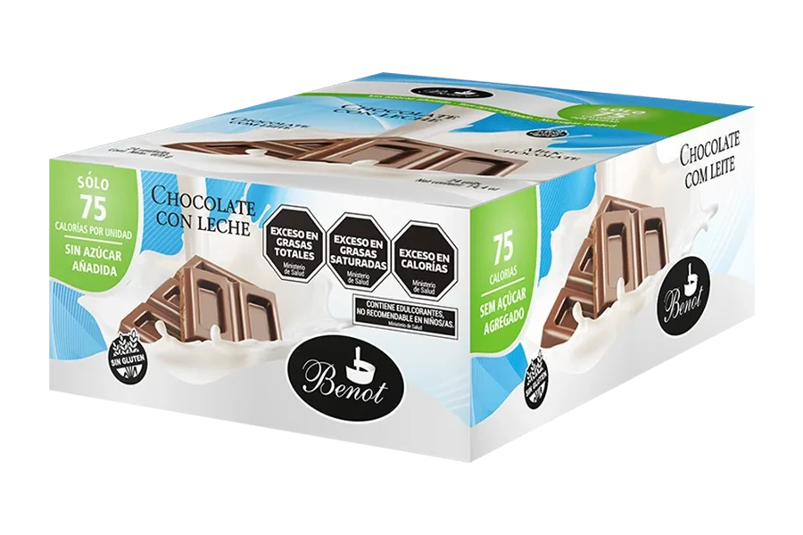 Caja de 24 unidades de barras Benot de chocolate con leche de 17 g, sin azúcar añadida, sin gluten y de bajo índice glucémico.