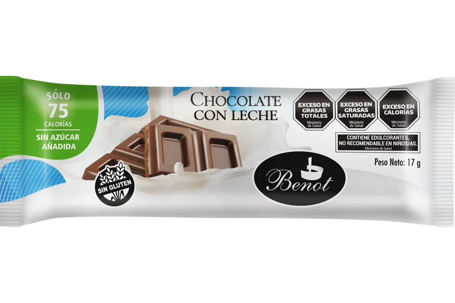 Barra Benot de chocolate con leche de 17 g, sin azúcar añadida, sin gluten y de bajo índice glucémico.