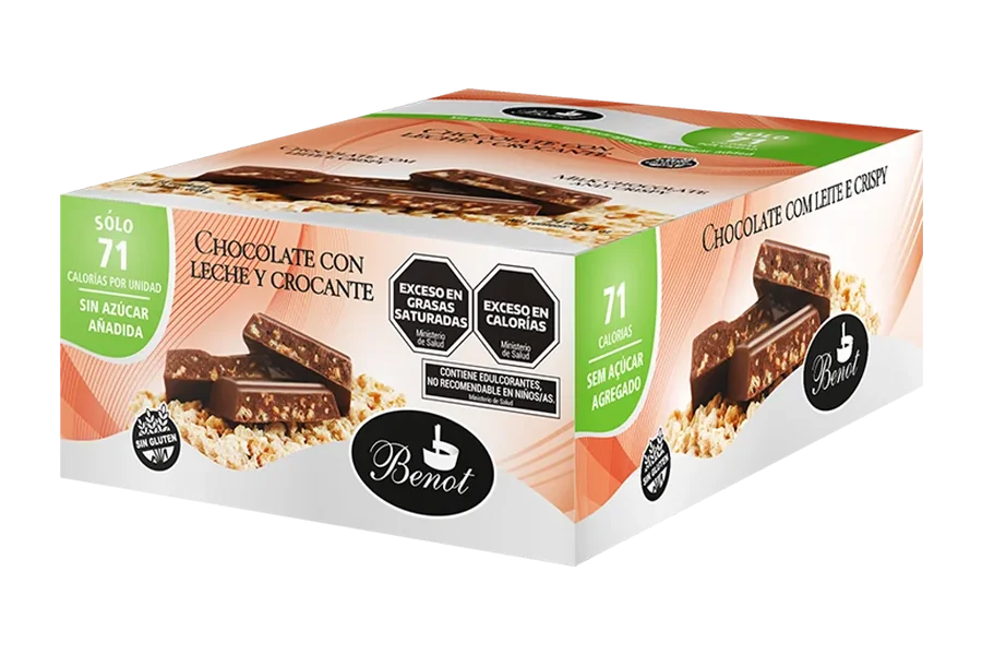 Caja de 24 unidades de barras Benot de chocolate con leche, con crocante, de 17 g, sin azúcar añadida, sin gluten y de bajo índice glucémico.
