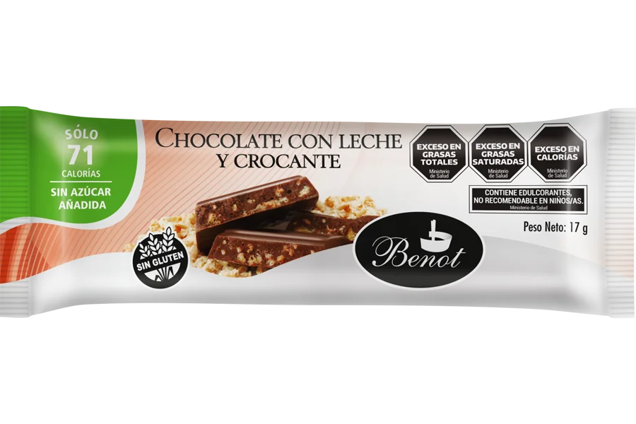 Barra Benot de chocolate con leche, con crocante, de 17 g, sin azúcar añadida, sin gluten y de bajo índice glucémico.