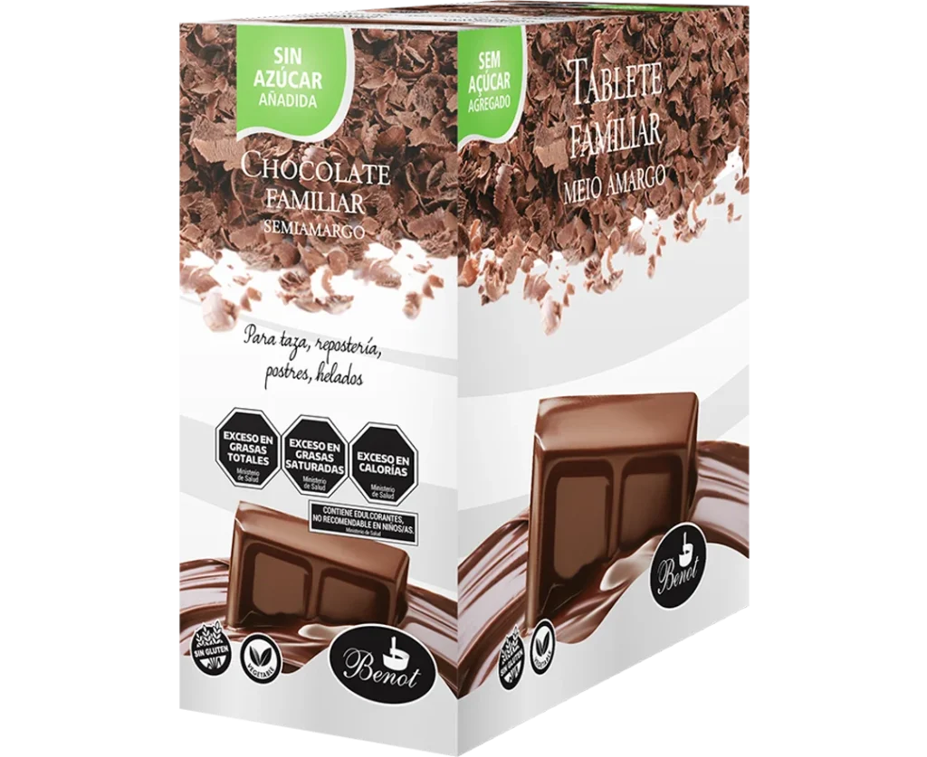 Caja de 10 unidades de barras Benot de chocolate semiamargo de 100 g, sin azúcar añadida, sin gluten y de bajo índice glucémico.