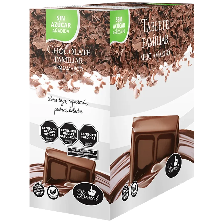 Caja de 10 unidades de barras Benot de chocolate semiamargo de 100 g, sin azúcar añadida, sin gluten y de bajo índice glucémico.