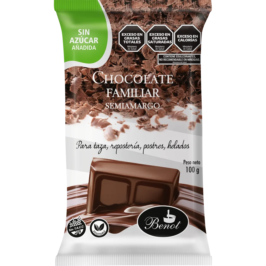 Barra Benot de chocolate semiamargo de 100 g, sin azúcar añadida, sin gluten y de bajo índice glucémico.