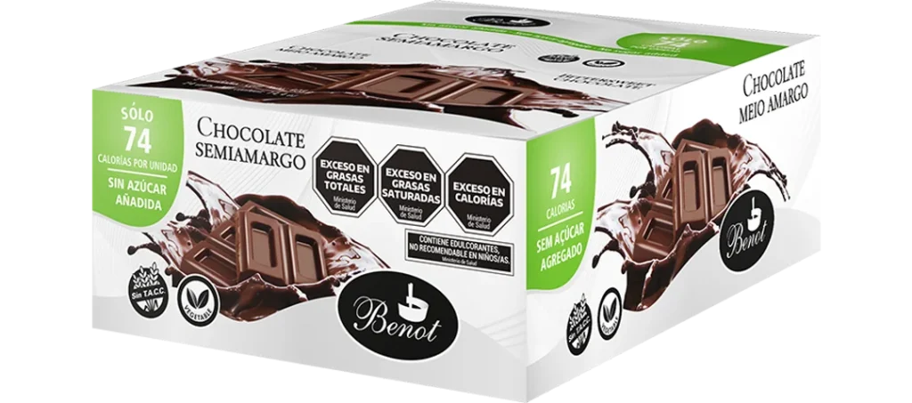 Caja de 24 unidades de barras Benot de chocolate semiamargo de 17 g, sin azúcar añadida, sin gluten y de bajo índice glucémico.
