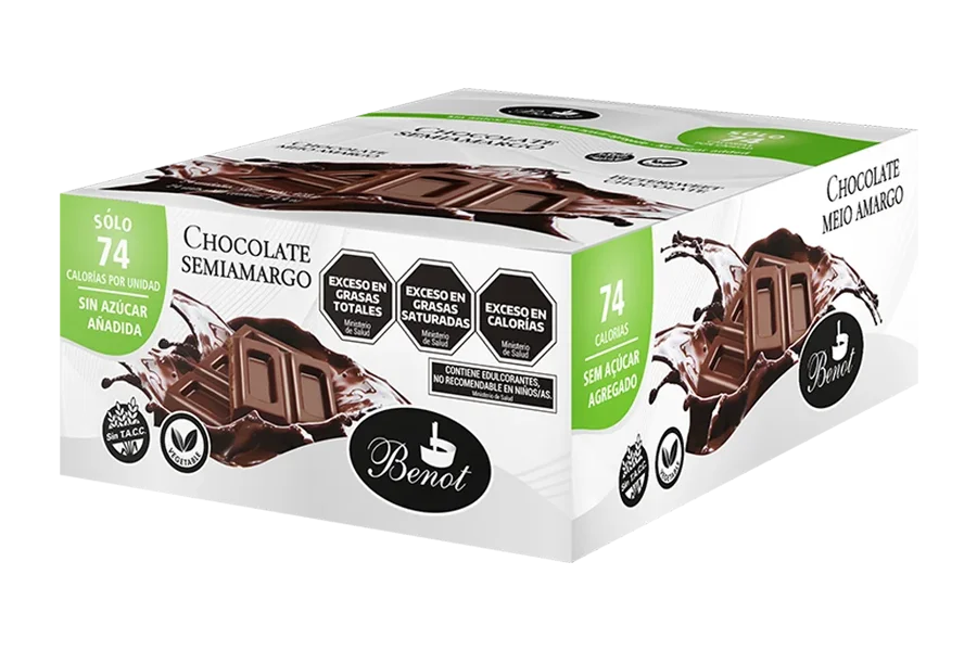 Caja de 24 unidades de barras Benot de chocolate semiamargo de 17 g, sin azúcar añadida, sin gluten y de bajo índice glucémico.
