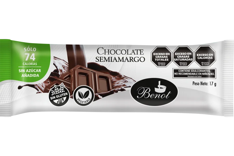 Barra Benot de chocolate semiamargo de 17 g, sin azúcar añadida, sin gluten y de bajo índice glucémico.