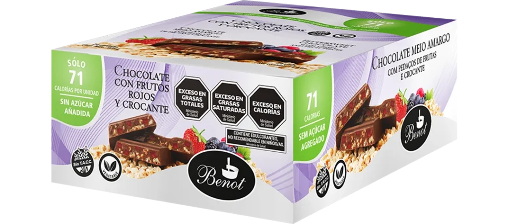 Caja de 24 unidades de barras Benot de chocolate semiamargo con frutos rojos y crocante de 17 g, sin azúcar añadida, sin gluten y de bajo índice glucémico.
