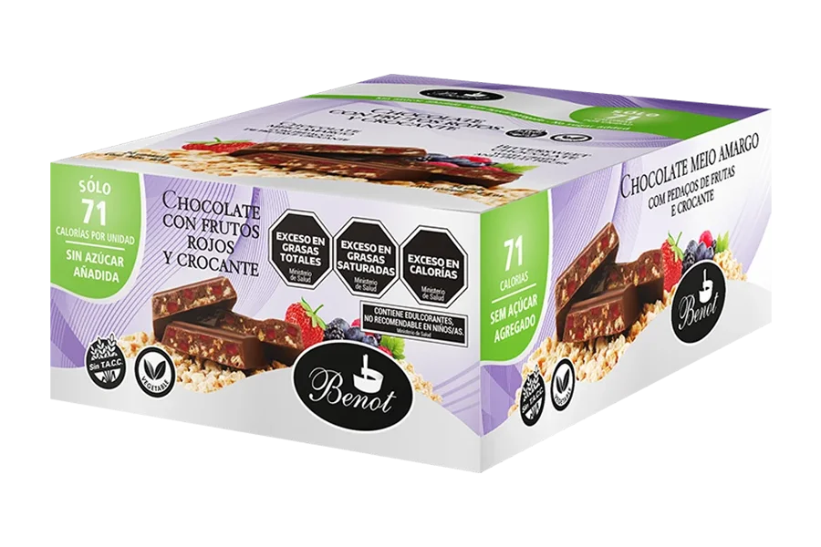 Caja de 24 unidades de barras Benot de chocolate semiamargo con frutos rojos y crocante de 17 g, sin azúcar añadida, sin gluten y de bajo índice glucémico.