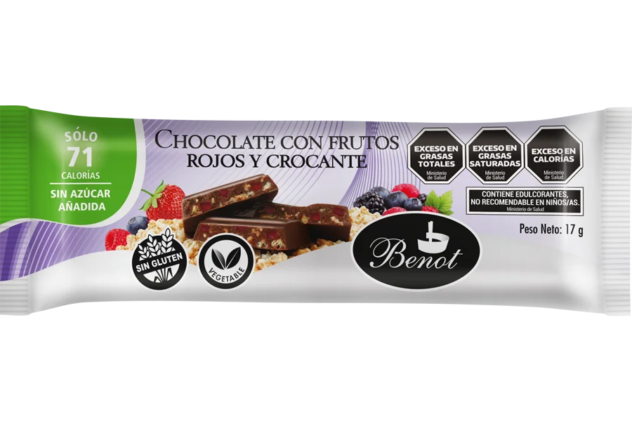 Barra Benot de chocolate semiamargo con frutos rojos y crocante de 17 g, sin azúcar añadida, sin gluten y de bajo índice glucémico.