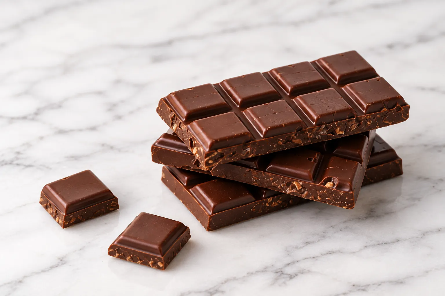 Barras de chocolate Benot apiladas sobre una superficie de mármol