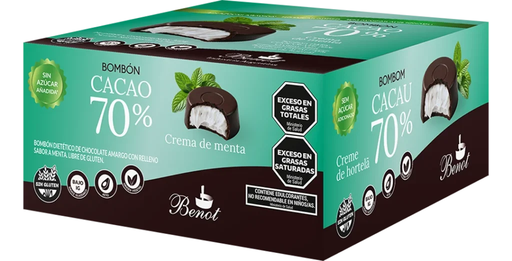 Caja de 24 unidades de bombones Benot de chocolate 70% cacao con crema de menta, sin azúcar añadida, sin gluten y de bajo índice glucémico.