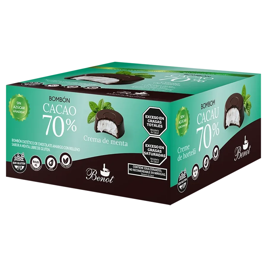 Caja de 24 unidades de bombones Benot de chocolate 70% cacao con crema de menta, sin azúcar añadida, sin gluten y de bajo índice glucémico.