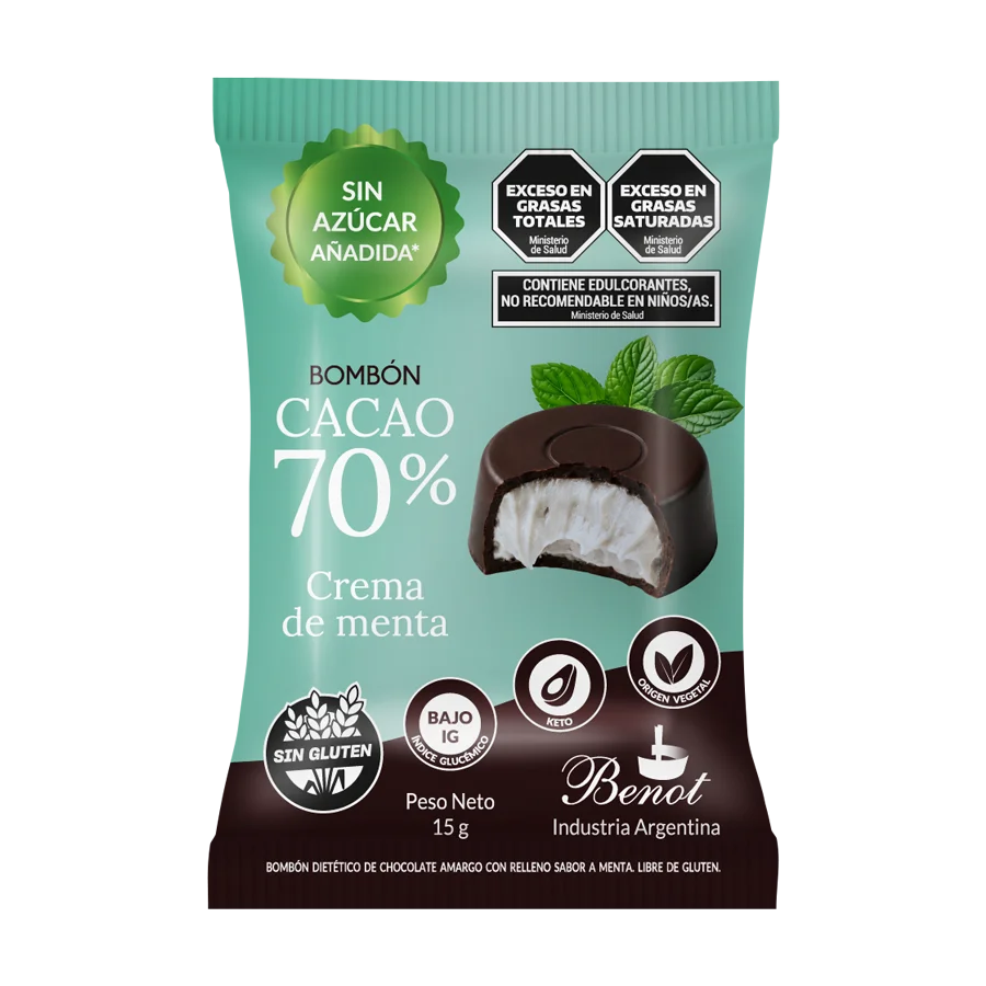 Bombón Benot de chocolate 70% cacao con crema de menta, sin azúcar añadida, sin gluten y de bajo índice glucémico.