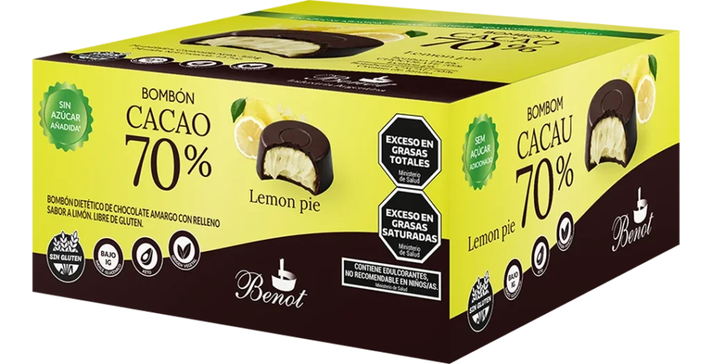 Caja de 24 unidades de bombones Benot de chocolate 70% cacao con relleno sabor limón, sin azúcar añadida, sin gluten y de bajo índice glucémico.
