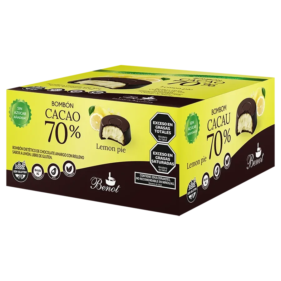 Caja de 24 unidades de bombones Benot de chocolate 70% cacao con relleno sabor limón, sin azúcar añadida, sin gluten y de bajo índice glucémico.