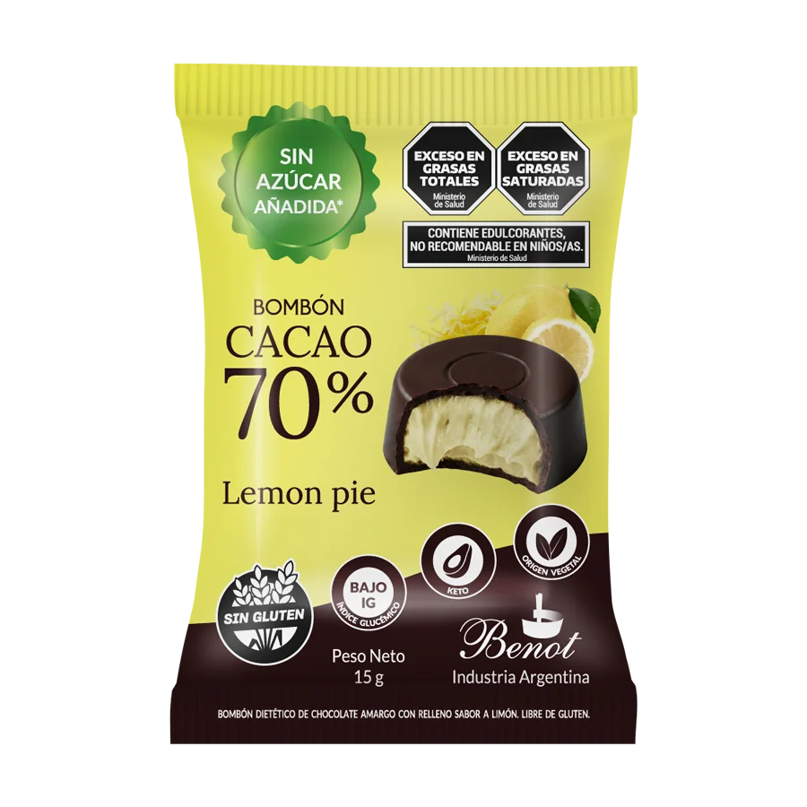 Bombón Benot de chocolate 70% cacao con relleno sabor limón, sin azúcar añadida, sin gluten y de bajo índice glucémico.