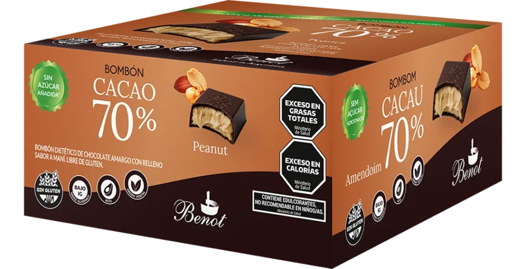 Caja de 24 unidades de bombones Benot de chocolate 70% cacao con relleno sabor maní, sin azúcar añadida, sin gluten y de bajo índice glucémico.