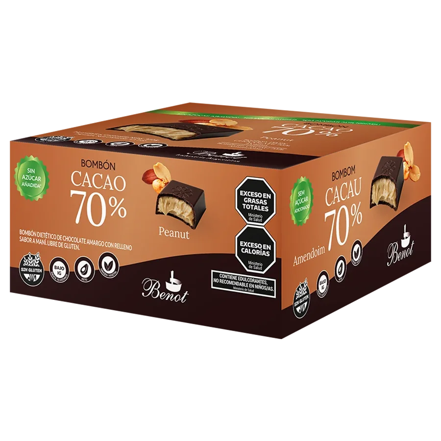 Caja de 24 unidades de bombones Benot de chocolate 70% cacao con relleno sabor maní, sin azúcar añadida, sin gluten y de bajo índice glucémico.