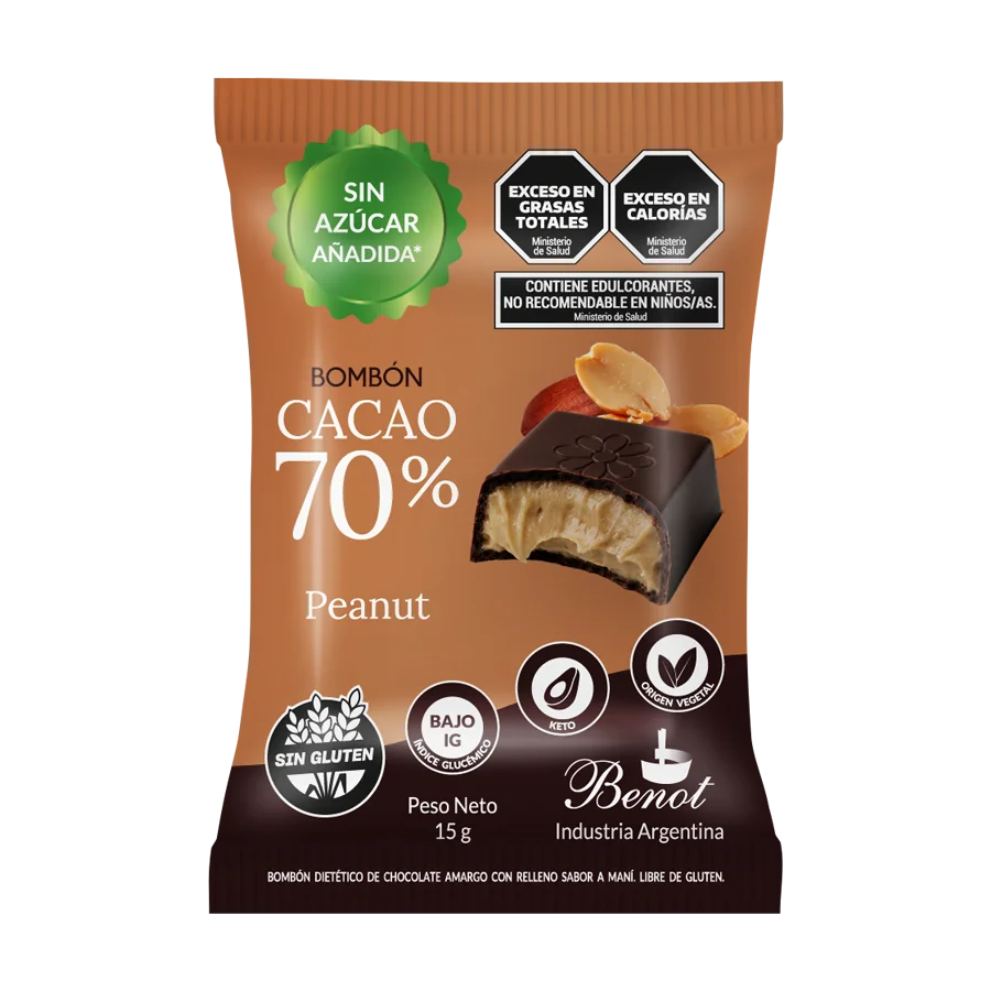 Bombón Benot de chocolate 70% cacao con relleno sabor maní, sin azúcar añadida, sin gluten y de bajo índice glucémico.