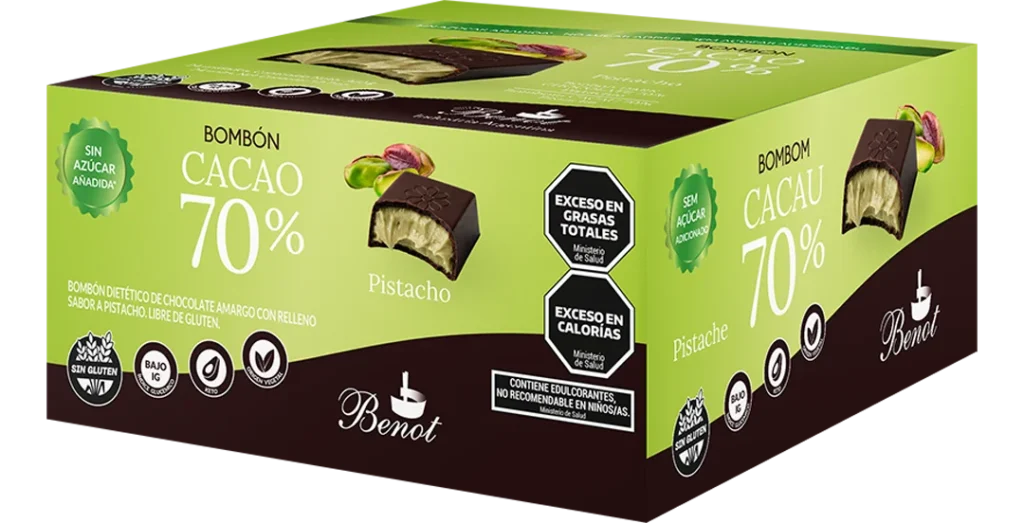 Caja de 24 unidades de bombones Benot de chocolate 70% cacao con relleno sabor pistacho, sin azúcar añadida, sin gluten y de bajo índice glucémico.