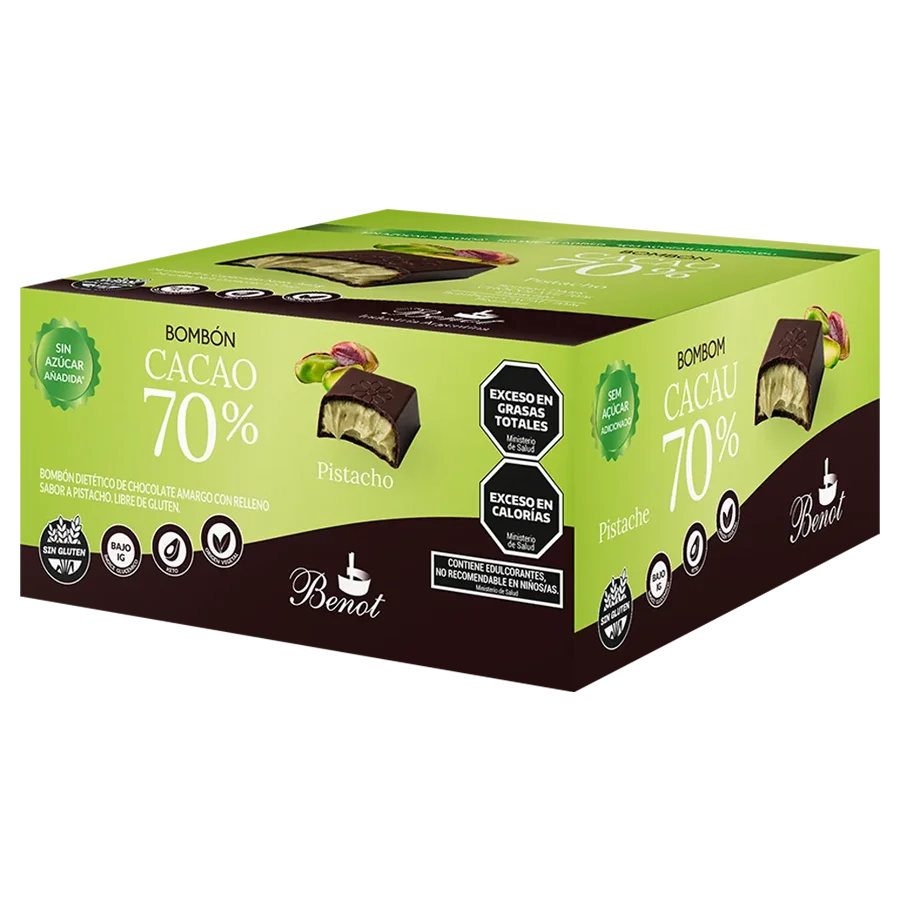 Caja de 24 unidades de bombones Benot de chocolate 70% cacao con relleno sabor pistacho, sin azúcar añadida, sin gluten y de bajo índice glucémico.