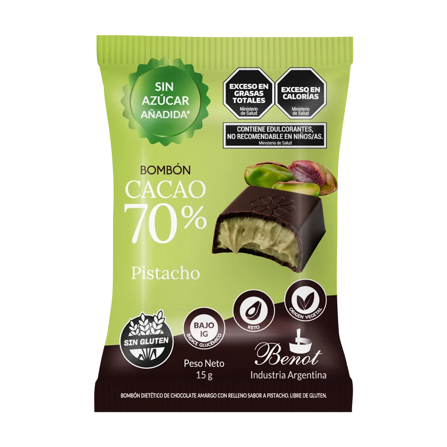 Bombón Benot de chocolate 70% cacao con relleno sabor pistacho, sin azúcar añadida, sin gluten y de bajo índice glucémico.