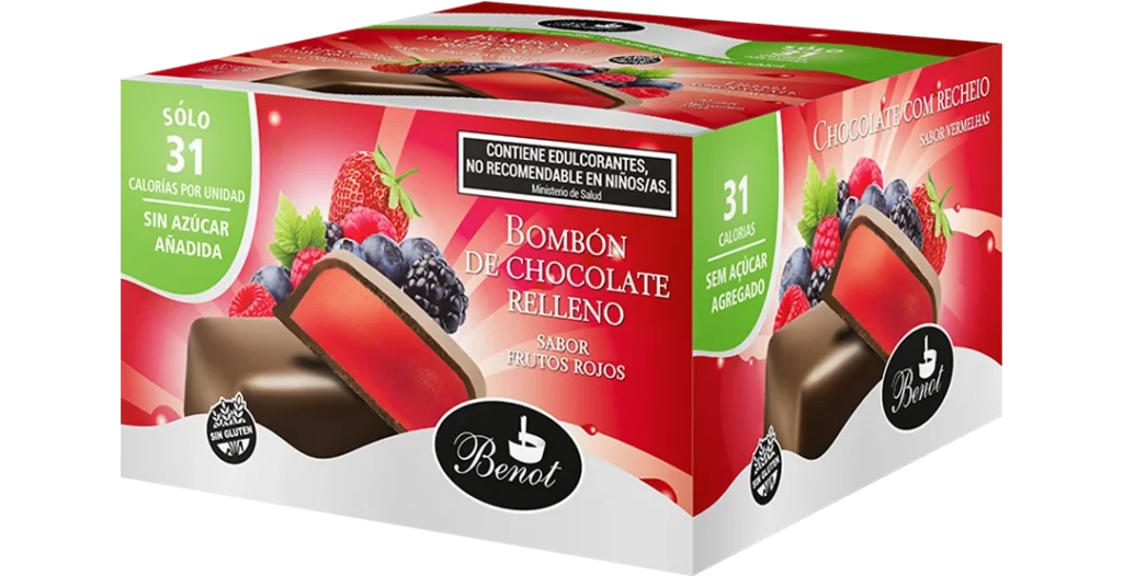Caja de 20 unidades de bombones Benot de chocolate semiamargo con relleno sabor frutos rojos, sin azúcar añadida, sin gluten y de bajo índice glucémico.