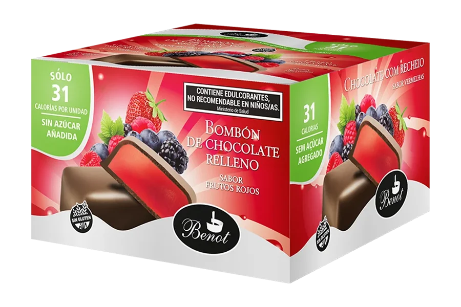 Caja de 20 unidades de bombones Benot de chocolate semiamargo con relleno sabor frutos rojos, sin azúcar añadida, sin gluten y de bajo índice glucémico.