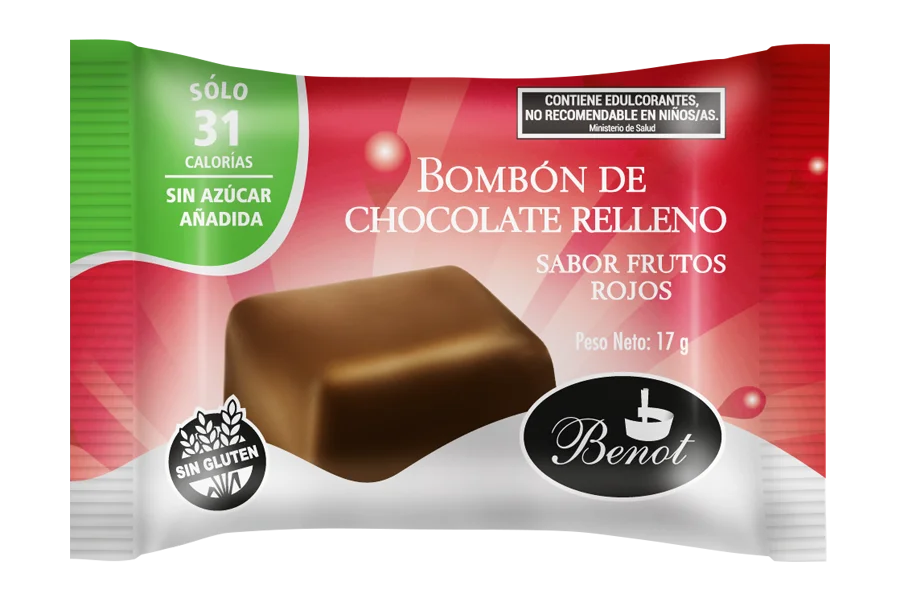 Bombón Benot de chocolate semiamargo con relleno sabor frutos rojos, sin azúcar añadida, sin gluten y de bajo índice glucémico.