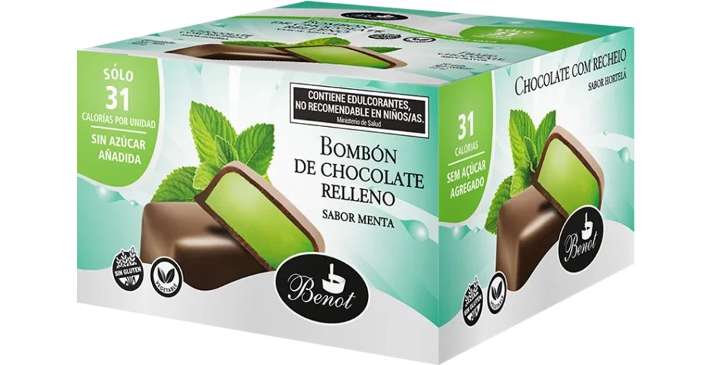 Caja de 20 unidades de bombones Benot de chocolate semiamargo con relleno sabor menta, sin azúcar añadida, sin gluten y de bajo índice glucémico.