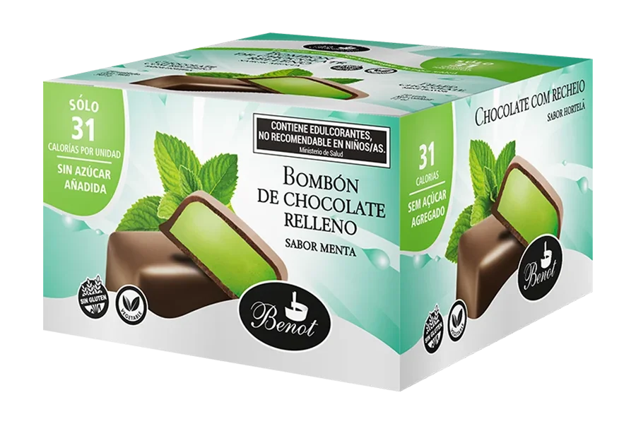 Caja de 20 unidades de bombones Benot de chocolate semiamargo con relleno sabor menta, sin azúcar añadida, sin gluten y de bajo índice glucémico.