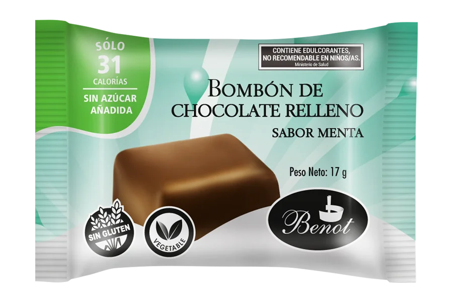 Bombón Benot de chocolate semiamargo con relleno sabor menta, sin azúcar añadida, sin gluten y de bajo índice glucémico.
