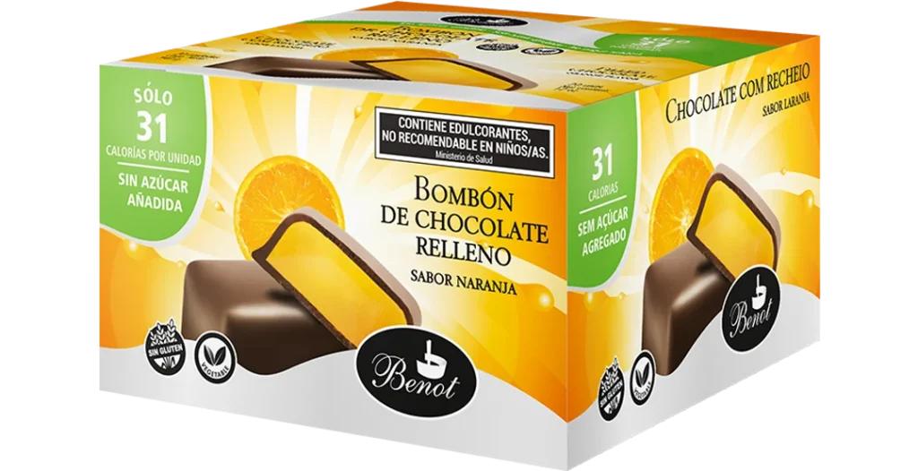 Caja de 20 unidades de bombones Benot de chocolate semiamargo con relleno sabor naranja, sin azúcar añadida, sin gluten y de bajo índice glucémico.