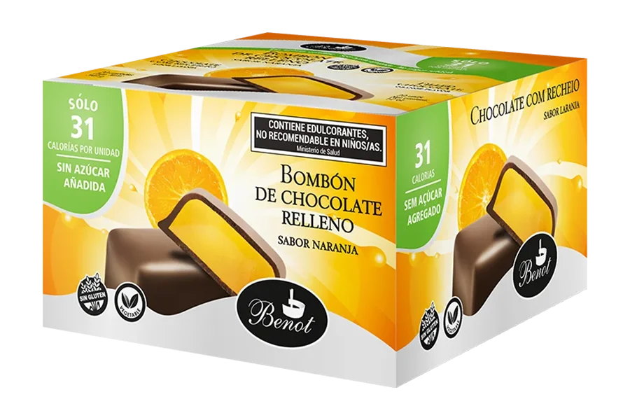 Caja de 20 unidades de bombones Benot de chocolate semiamargo con relleno sabor naranja, sin azúcar añadida, sin gluten y de bajo índice glucémico.