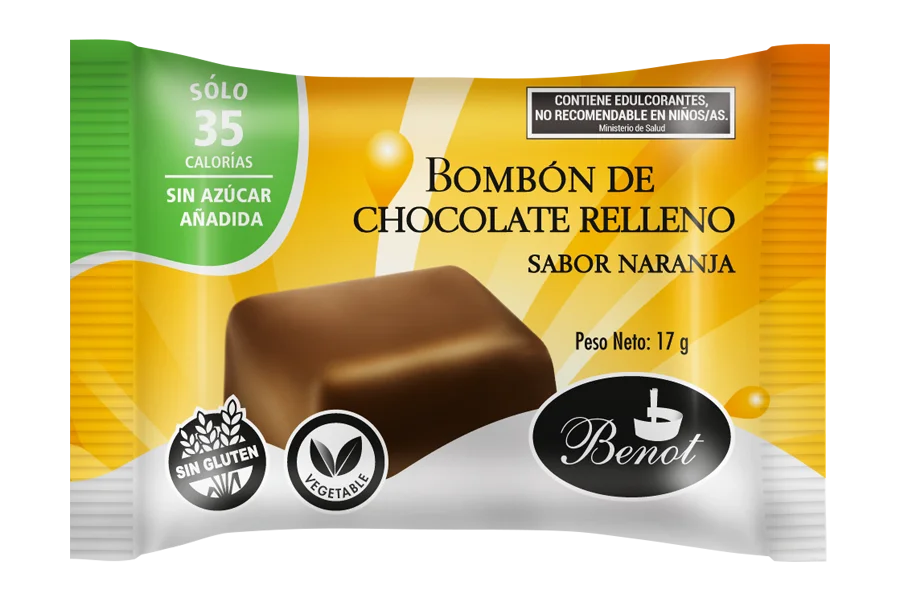 Bombón Benot de chocolate semiamargo con relleno sabor naranja, sin azúcar añadida, sin gluten y de bajo índice glucémico.