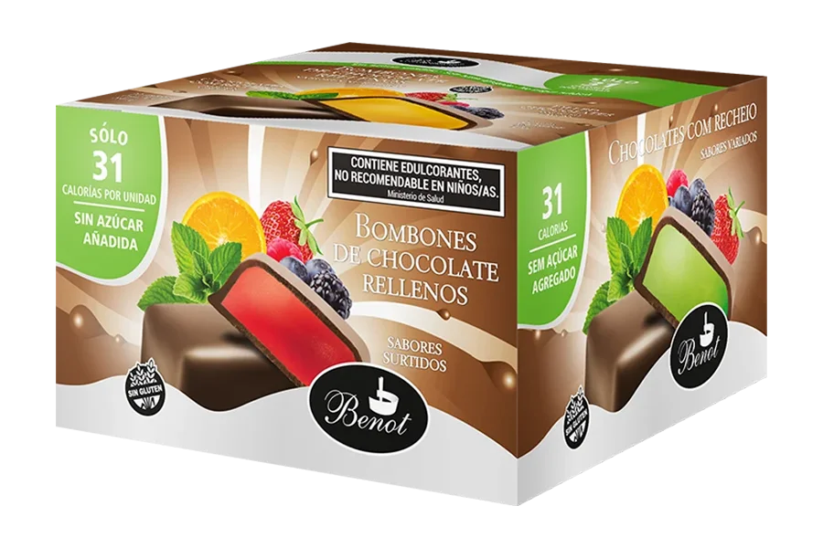 Caja de 20 unidades de bombones surtidos Benot de chocolate semiamargo con rellenos sabor menta, naranja y frutos rojos, sin azúcar añadida, sin gluten y de bajo índice glucémico.