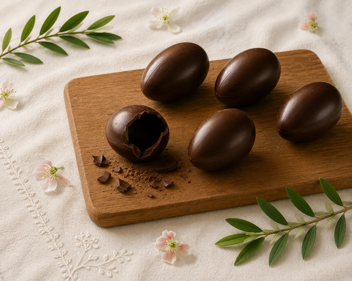 Huevos de Pascua de chocolate Benot sobre una tabla de madera