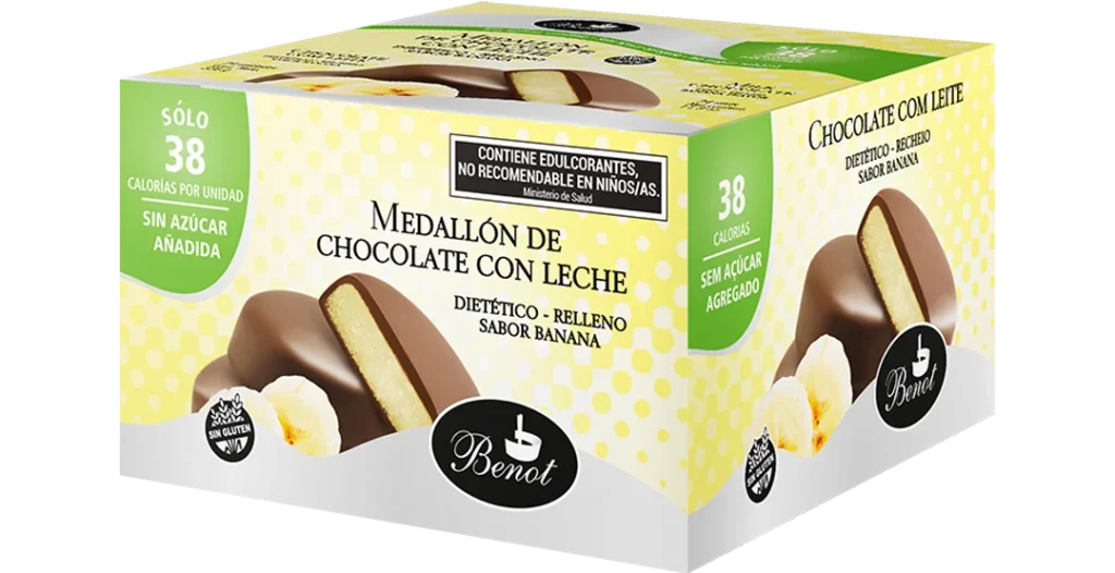 Caja de 24 unidades de medallones Benot de chocolate con leche con relleno sabor banana, sin azúcar añadida, sin gluten y de bajo índice glucémico.