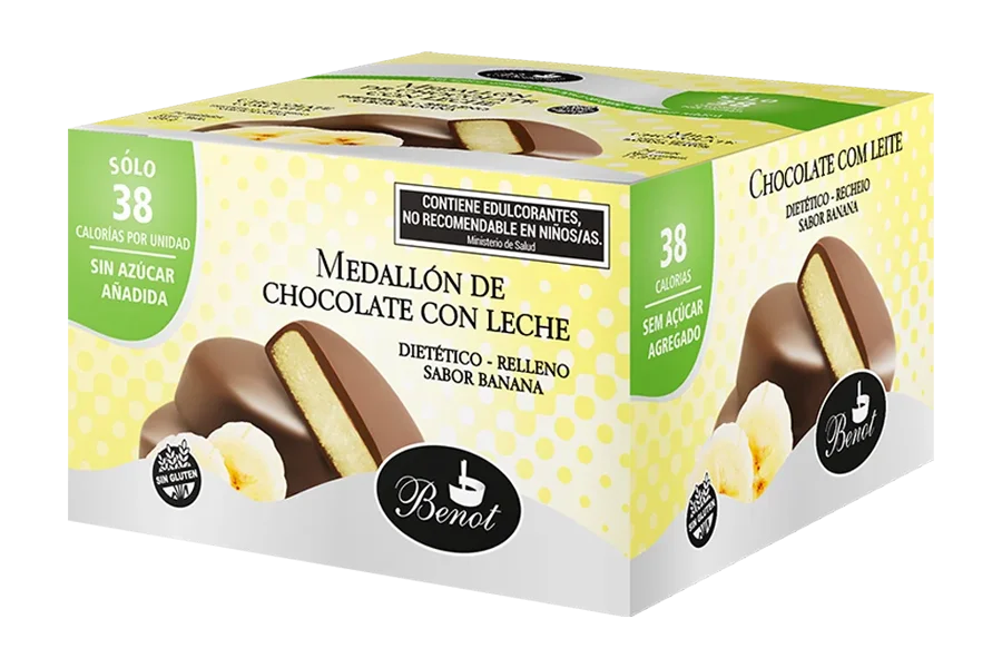 Caja de 24 unidades de medallones Benot de chocolate con leche con relleno sabor banana, sin azúcar añadida, sin gluten y de bajo índice glucémico.
