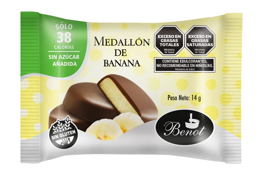 Medallón Benot de chocolate con leche con relleno sabor banana, sin azúcar añadida, sin gluten y de bajo índice glucémico.