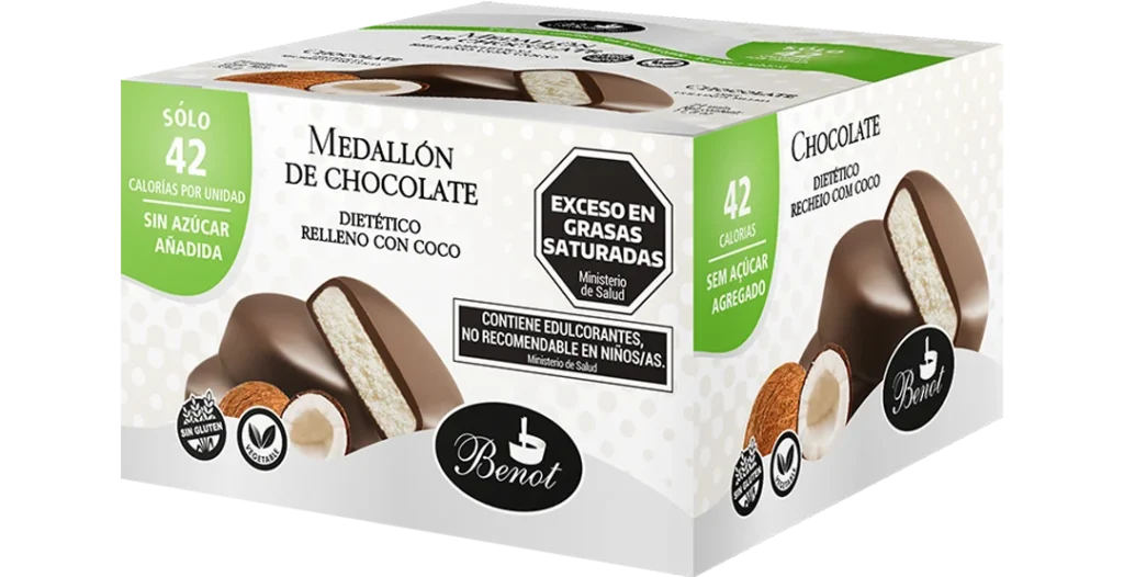 Caja de 24 unidades de medallones Benot de chocolate semiamargo con relleno sabor coco, sin azúcar añadida, sin gluten y de bajo índice glucémico.