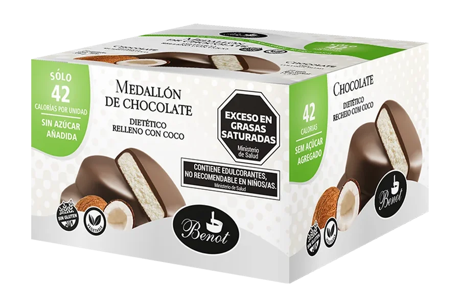 Caja de 24 unidades de medallones Benot de chocolate semiamargo con relleno sabor coco, sin azúcar añadida, sin gluten y de bajo índice glucémico.