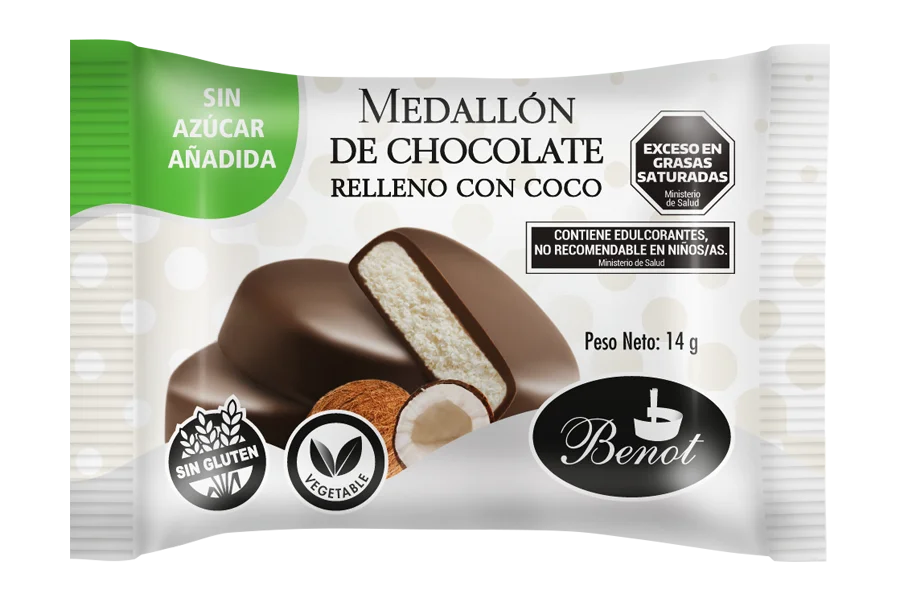 Medallón Benot de chocolate semiamargo con relleno sabor coco, sin azúcar añadida, sin gluten y de bajo índice glucémico.